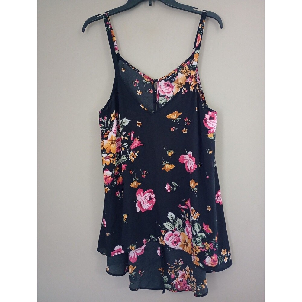 Torrid Black Floral Sleeveless Tank Camisole High Slit Button Back Size 10